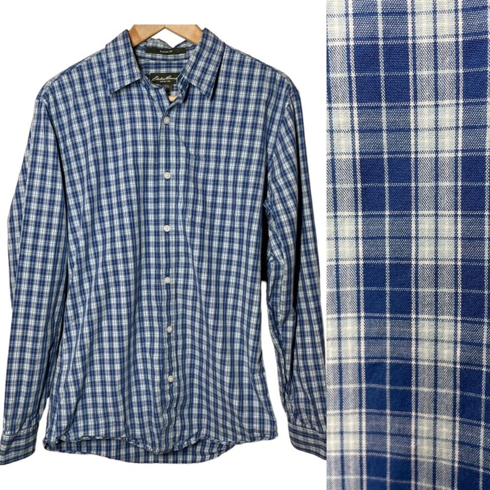 Eddie Bauer Blue Plaid Classic Button Down Mens Dress Shirt Small